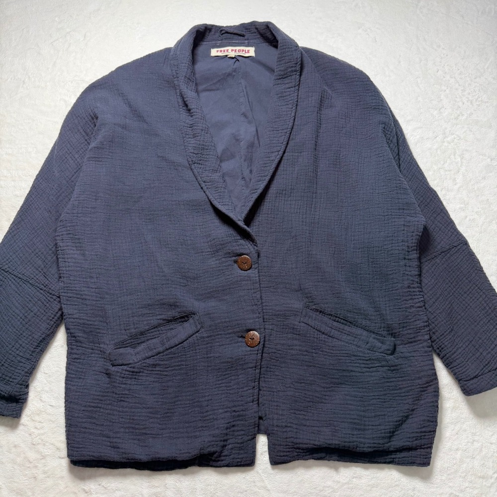 Free People‎ Navy Textured Oversized Boyfriend Blazer Jacket Women's Size XS
